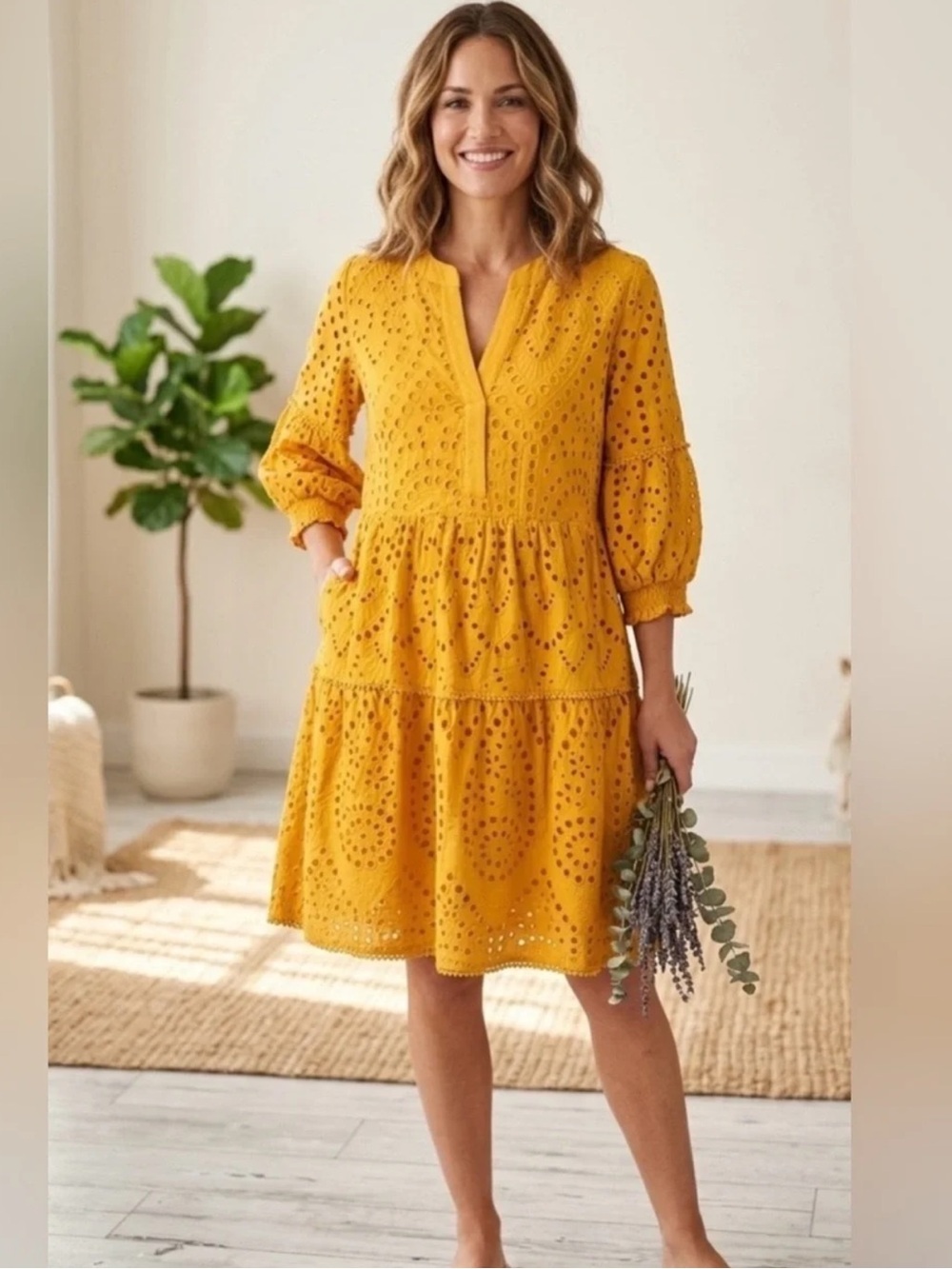 Chico’s Eyelet Tiered Dress Mustard Yellow Fall 3/4 Sleeve Womens 8 or Chicos 1